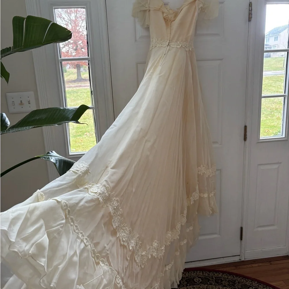Vintage 1970s Prairie Wedding Gown – Organza Ruffles, Daisy Floral Appliqué - Picture 10 of 15